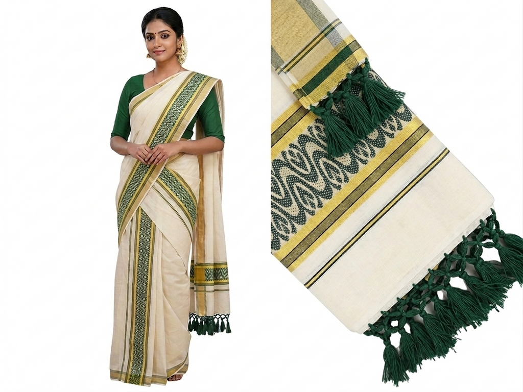 Kerala Set Mundu Dark Green