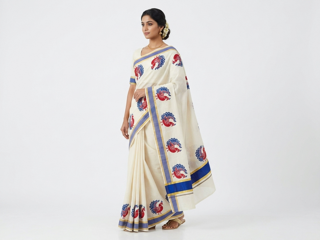 Printed Set Saree - Peacock Design