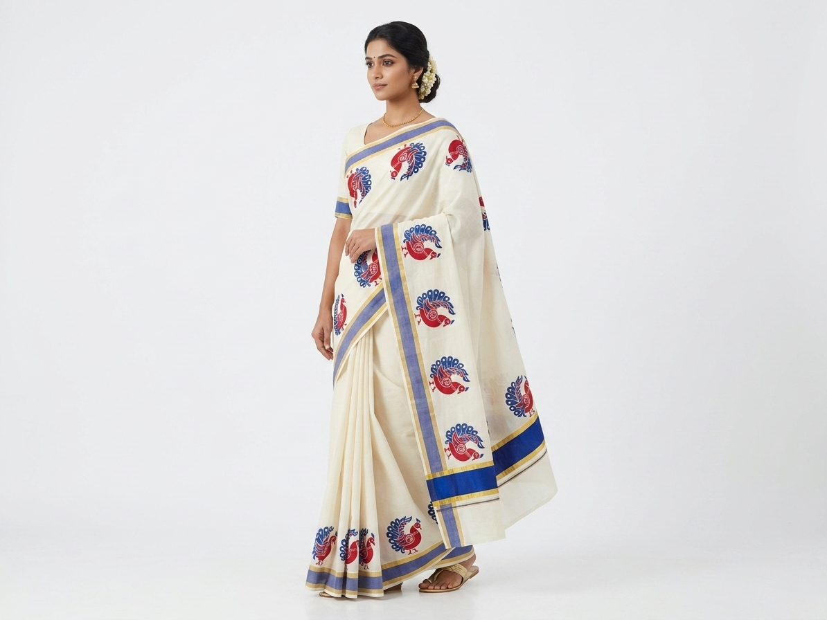 Printed Set Saree - Peacock Design